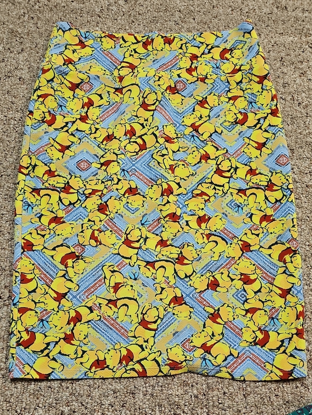 LuLaRoe Yellow Cartoon Print Pencil Skirt with Blue Accents